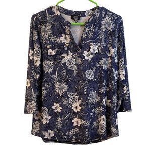 Jones New York Top Jersey Blue White Floral 3/4 Sleeve V Neck WM SZ M 💙